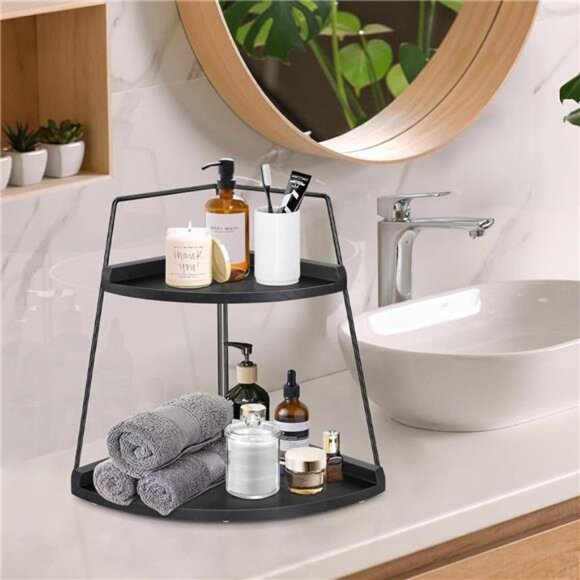 2 Tier Bathroom Counter Organizer, Wood Bathroom Organizer Countertop, Corner - Picture 2 of 7